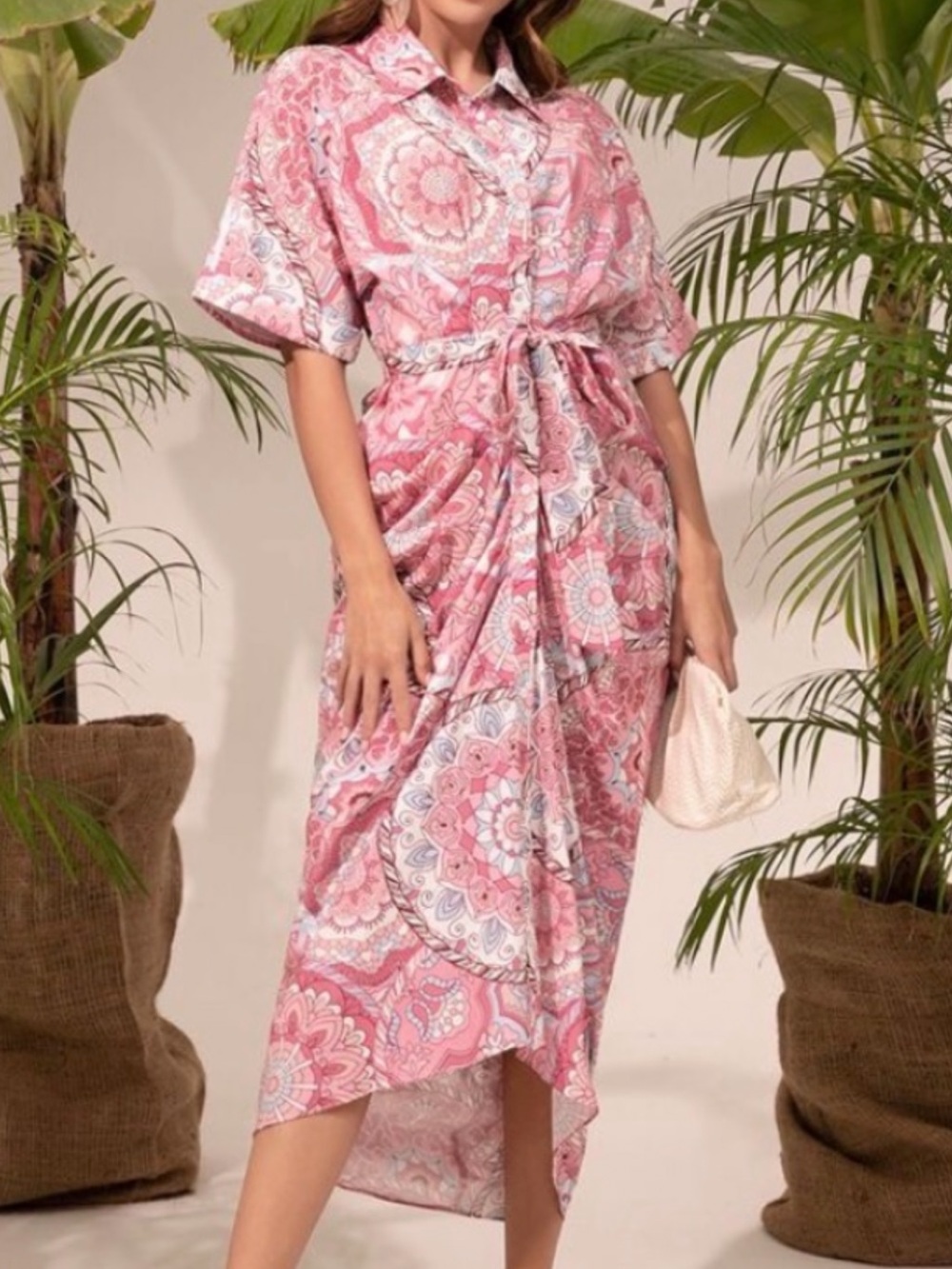 Pink Paisley Tie-Waist Midi Dress